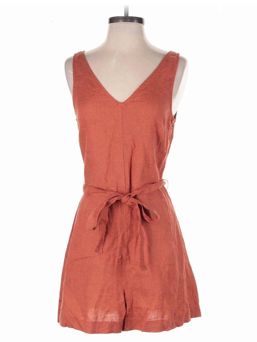 Sleeveless V-Neck Tie-Waist 100% Linen Romper in Rust